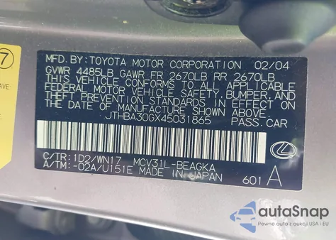 2004 Lexus Es 330 from USA, damaged, VIN JTHBA30GX45031865